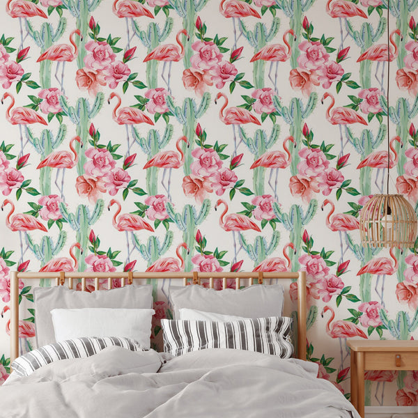 Flamingo Cactus Pattern Removable Wallpaper, Floral Wall Cling, Botanical , Modern Home Decor, Decorative Wall Mural Decal