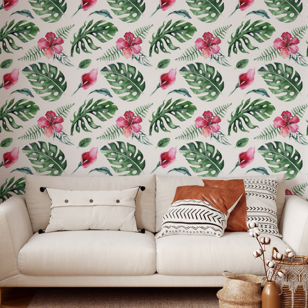 Hibiscus Pattern Removable Wallpaper, Pretty Flower Wall Cling, Botanical , Modern Home Decor, Decorative Wall Mural Decal
