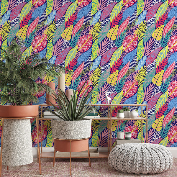 Tropical Leaves Removable Wallpaper, Nature , Bright Wall Cling, Bright Living Room Decor, Colorful Plant Wall Decal