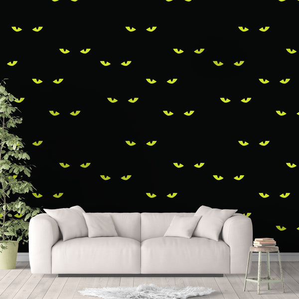 Spooky Cat Wallpaper, Black Cat Wall Cling, Scary Wall Decal, Kitty , Halloween Wall Decor, Cat Eyes Pattern, Horror Decor