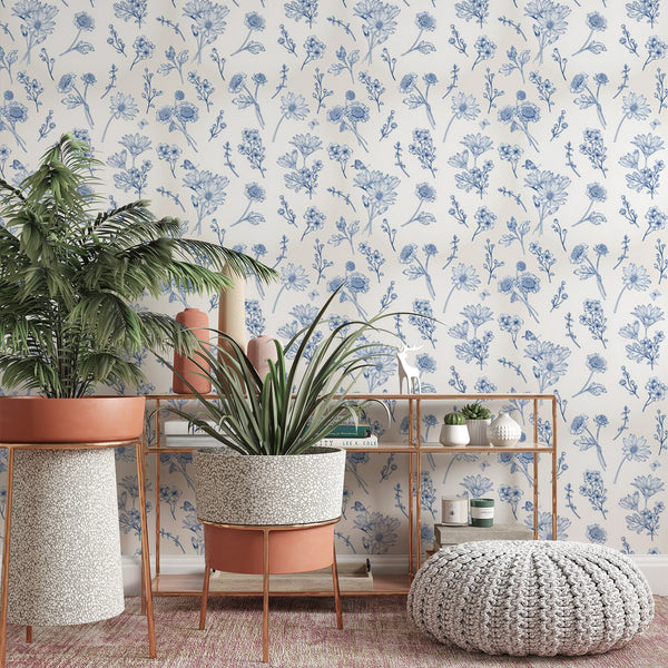 Blue Floral Pattern Wallpaper, Removable Nature Wall Decal, Pretty Flower Wall Mural, Botanical Plants , Modern Home Decor