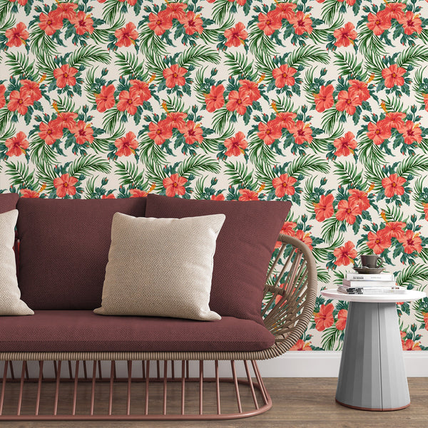 Red Hibiscus Removable Wallpaper, Nature Wall Cling, Floral , Botanical Wall Decal, Plant Wall Mural, Pretty Modern Home Decor