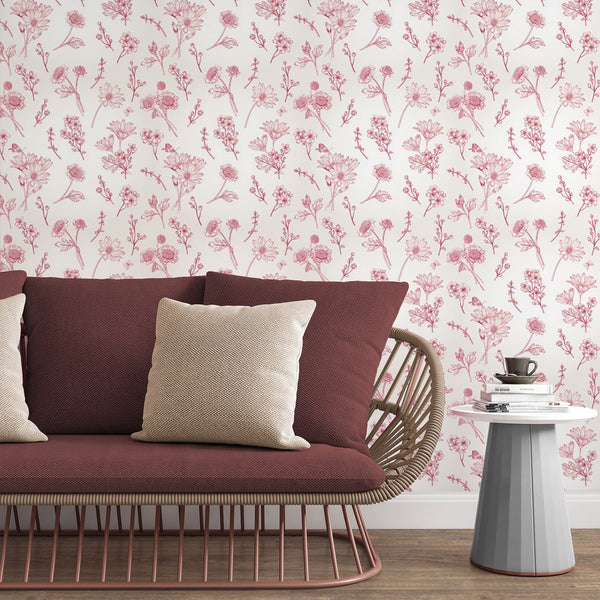 Floral Pattern Removable Wallpaper, Pretty Nature , Pink Plants Wall Cling, Modern Boho Wall Decal, Cute Flowers Wall Mural