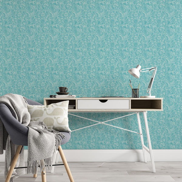 Turquoise Pattern Removable Wallpaper, Pretty , Blue Green Wall Mural, Modern Home Decor, Bright Wall Cling, Swirl Style Decal