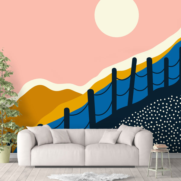 Hiking Trail Removable Wallpaper, Mountain View Wall Cling, Modern Home Decor, Pretty Pink Sky Wall Mural, Abstract Desert
