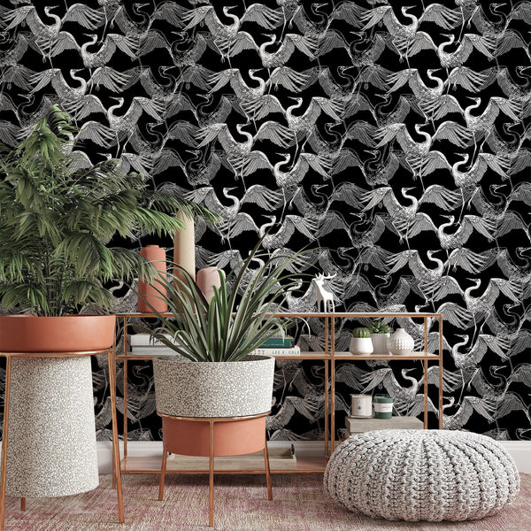 Crane Pattern Removable Wallpaper, Translucent Bird Wall Cling, Black and White , Dark Wall Mural, Cool Modern Home Decor