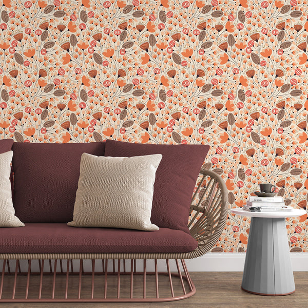 Orange Blossoms Removable Wallpaper, Flower Pattern Wall Decal, Plant Wall Decor, Botanical , Pretty Nature Wall Cling