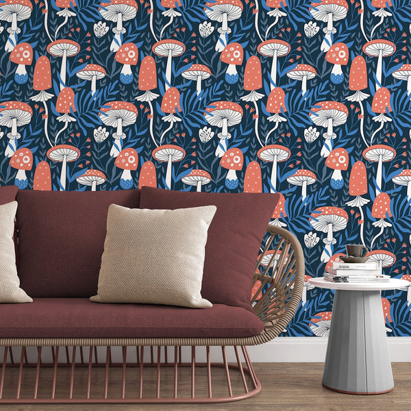 Red Mushrooms Removable Wallpaper, Fungi Pattern Wall Decal, Blue Leaves , Nature Home Decor, Botanical Plant Wall Cling