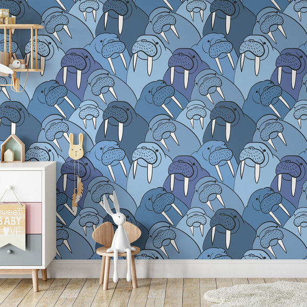 Walrus Pattern Removable Wallpaper, Blue Ocean Creature Wall Cling, Nautical , Cute Kids Room Decor, Marine Mammal Wall Mural
