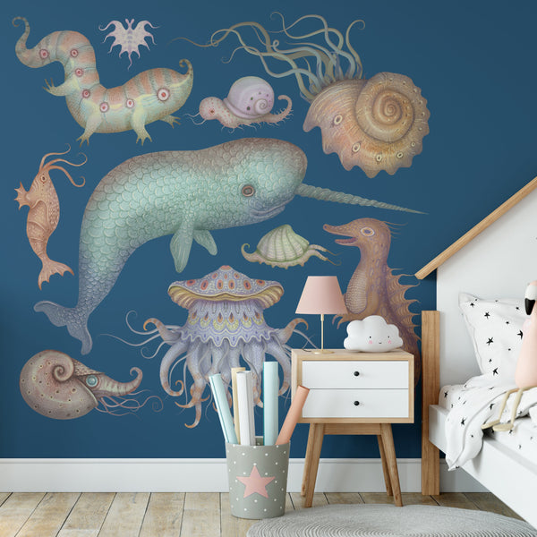 Sea Creatures Removable Wallpaper, Nautical Wall Cling, Cute , Nursery Home Decor, Underwater Scene Wall Decal, Kids Mural