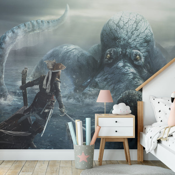 Kraken Monster Removable Wallpaper, Pirate Wall Cling, Sailing , Nautical Home Decor, Sea Legend Wall Mural, Octopus Decor