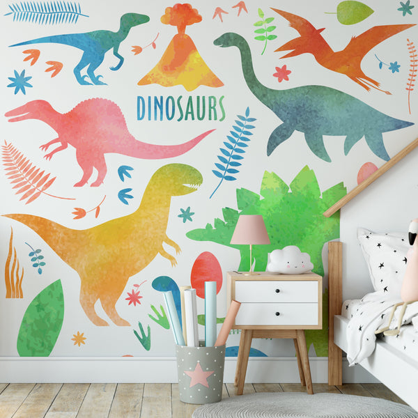Colorful Dinosaurs Removable Wallpaper, Prehistoric , Kids Room Decor, Pretty Nature Wall Cling, Cute Volcano Wall Mural