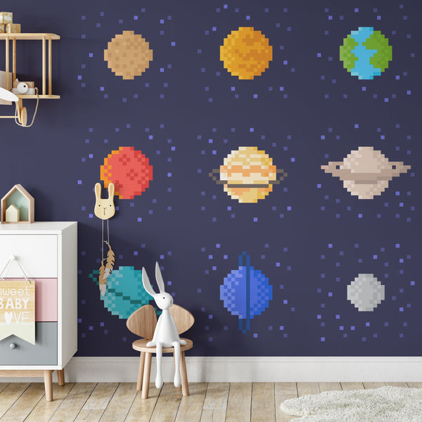 Pixel Planets Removable Wallpaper, Fun Outer Space Wall Cling, Solar System Wall Mural, Kids Room Decor, Cool MineCraft