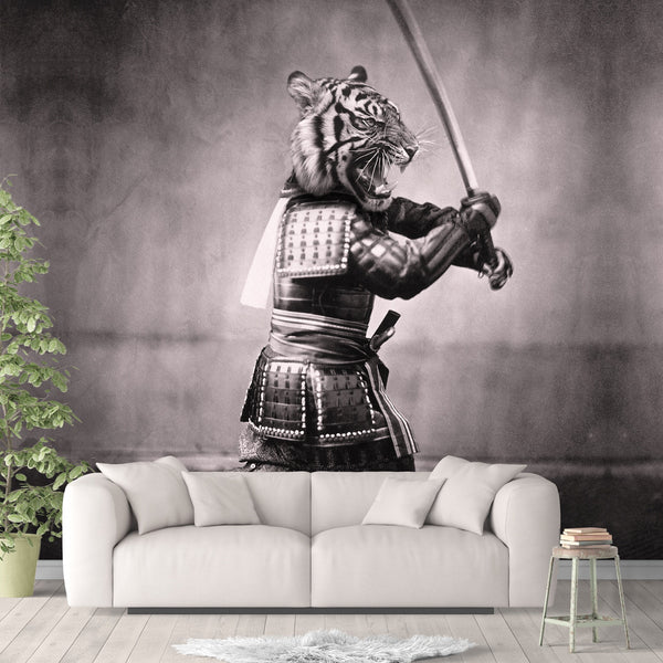 Samurai Tiger Removable Wallpaper, Japanese , Black and White Wall Cling, Classic Warrior Wall Mural, Funny Vintage Home Decor