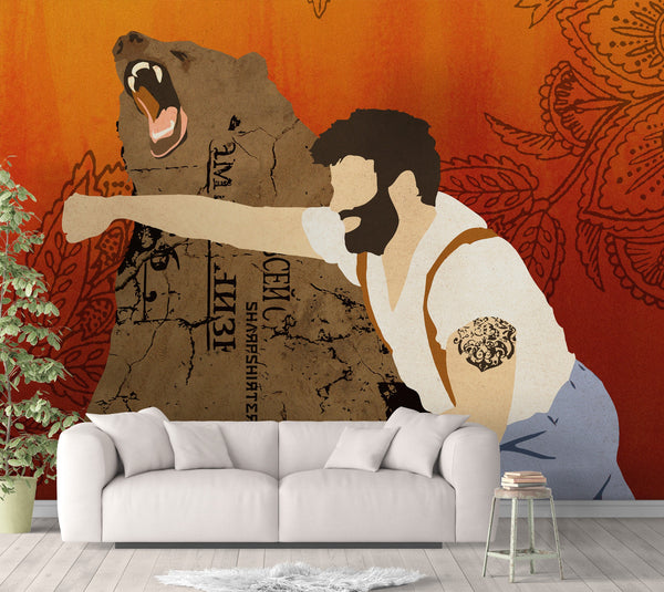 Funny Bear Removable Wallpaper, Cool Lumberjack , Comical Retro Wall Decal, Rustic Woodland Wall Cling, Man Cave Decor