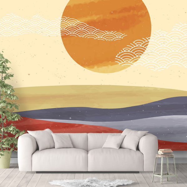 Desert Sunset Removable Wallpaper, Pretty , Abstract Art Wall Cling, Cool Living Room Decor, Retro Mountains Wall Mural