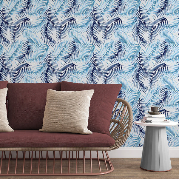 Blue Leaves Removable Wallpaper, Botanical Pattern , Modern Tropical Wall Cling, Nature Home Decor, Pretty Plant Wall Decal