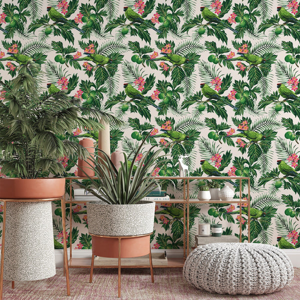 Tropical Pattern Removable Wallpaper, Green Parrot , Botanical Wall Decal, Nature Home Decor, Pretty Floral Wall Cling