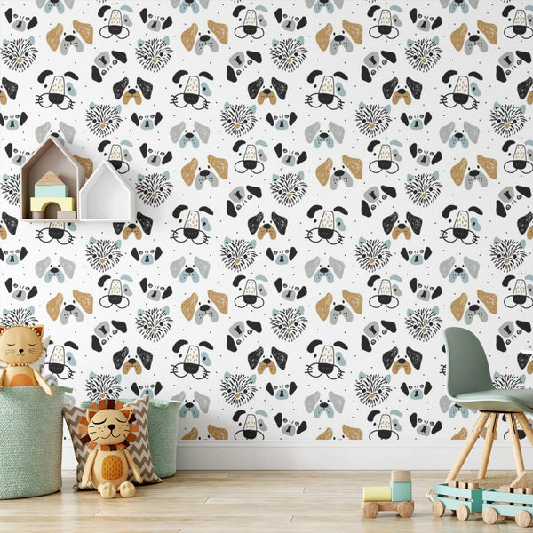 Puppy Dogs Removable Wallpaper, Modern Kids Room Decor, Cute Animal Wall Cling, Playroom , Canine Pattern Wall Mural Decal
