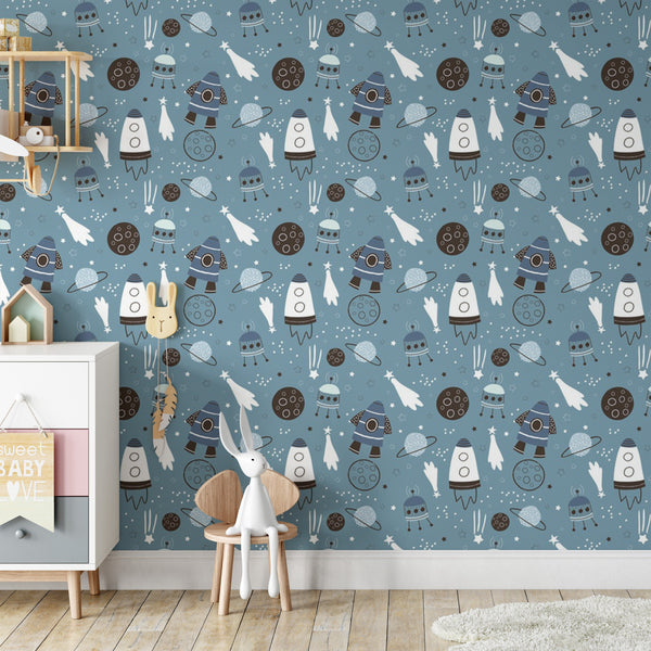 Spaceship Pattern Removable Wallpaper, Kids Bedroom Decor, Outer Space Wall Mural, Cosmic Planets , Cool Rockets Wall Cling