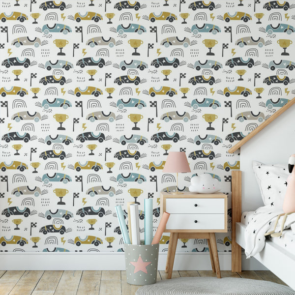 Toy Race Cars Removable Wallpaper, Speed Champion Wall Cling, Cool Kids Bedroom Decor, Playroom , Cute Pattern Wall Mural
