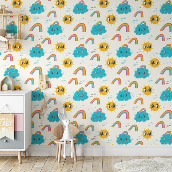 Sunshine and Rainbows Removable Wallpaper, Kids Room Decor, Adorable Clouds Wall Cling, Cute , Happy Smiles Wall Mural Decal