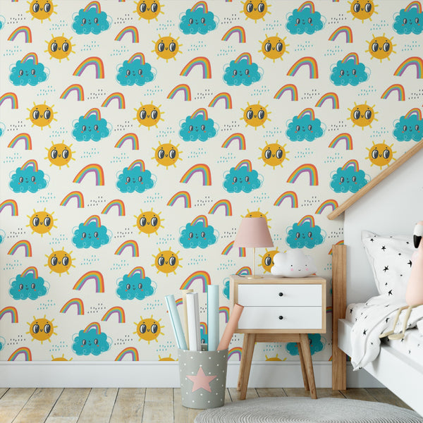 Sunshine and Rainbows Removable Wallpaper, Kids Room Decor, Adorable Clouds Wall Cling, Cute , Happy Smiles Wall Mural Decal