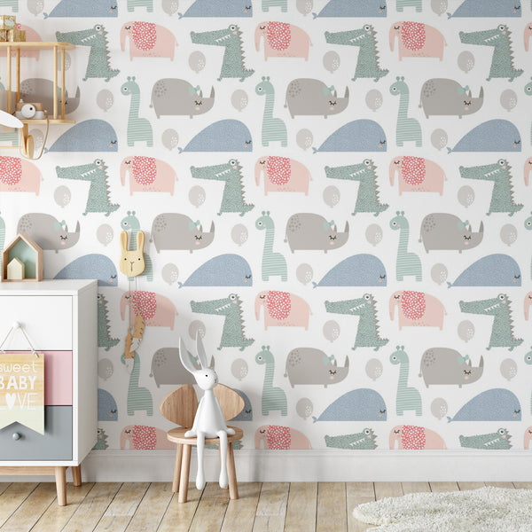 Little Animals Removable Wallpaper, Cute Nature Pattern Wall Cling, Small Kids Room Decor, Pastel , Modern Wall Mural Decal