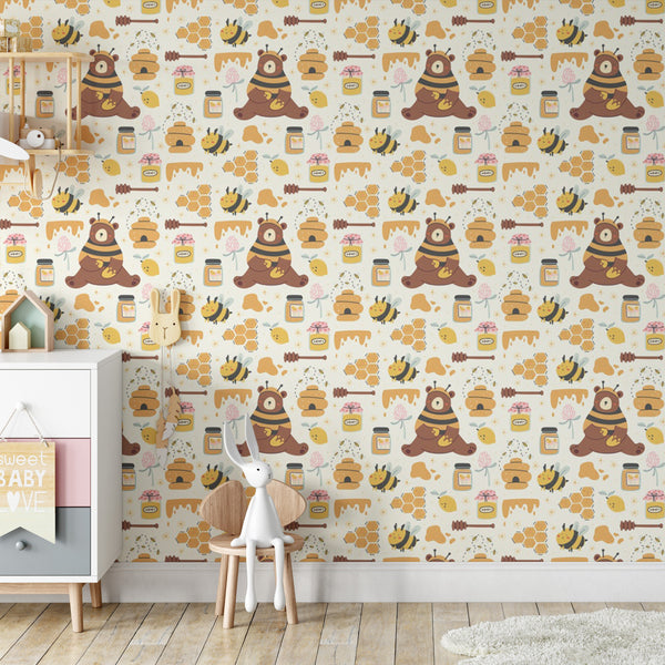 Honey Bee Bear Removable Wallpaper, Cute Animal Wall Cling, Nature , Cool Insect Pattern Wall Mural, Bright Kids Room Decor