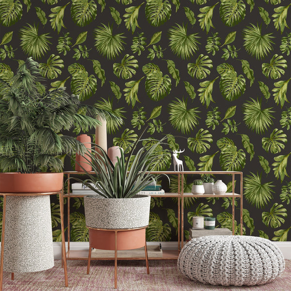 Dark Leaf Removable Wallpaper, Elegant Pattern Wall Cling, Green Plant Wall Mural, Nature , Pretty Botanical Wall Decal