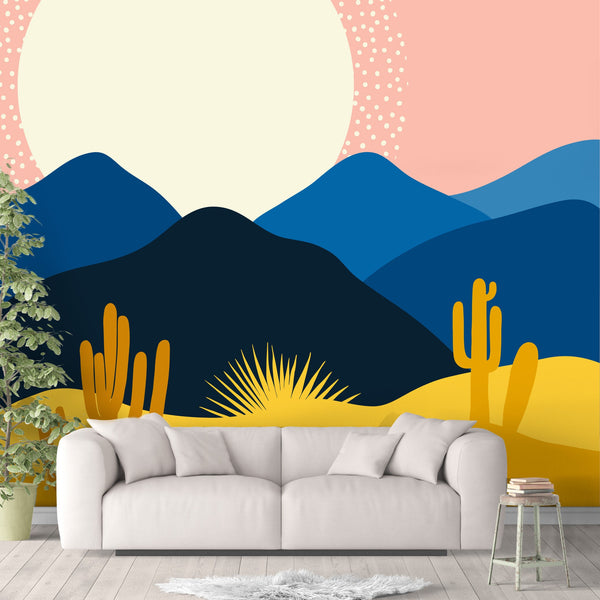 Desert Sunset Removable Wallpaper, Pretty View Wall Cling, Nature , Illustration Wall Mural, Modern Living Room Decor