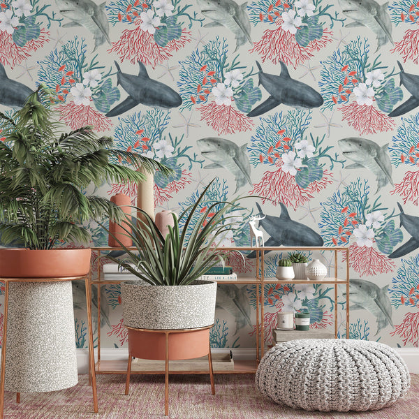 Shark Pattern Removable Wallpaper, Coral Reef Wall Cling, Nautical , Cool Ocean Wall Mural, Modern Decor, Floral Wall Decal