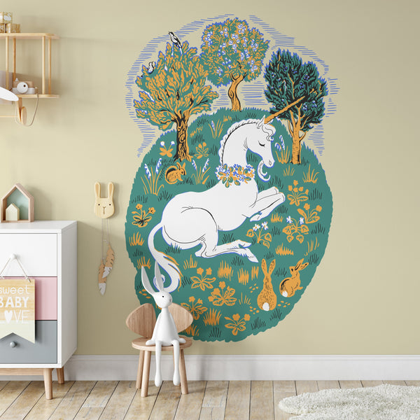 Daydreaming Unicorn Removable Wallpaper, Fantasy Art Wall Cling, Nature Home Decor, Pretty Kids , Modern Bedroom Mural Decal