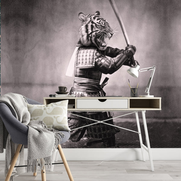 Samurai Tiger Removable Wallpaper, Japanese , Black and White Wall Cling, Classic Warrior Wall Mural, Funny Vintage Home Decor