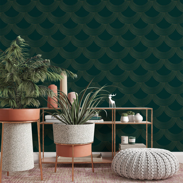 Emerald Pattern Removable Wallpaper, Semicircle Shapes Wall Cling, Geometric , Modern Art Deco Decor, Green Wall Mural Decal