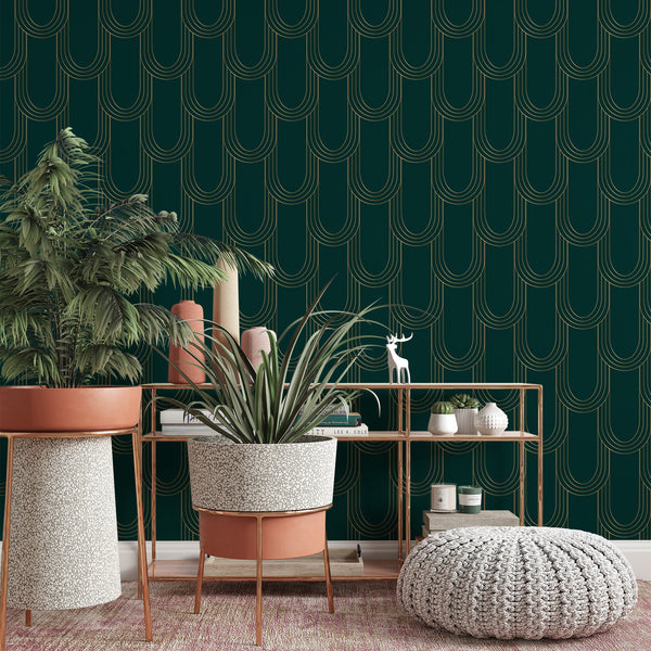 Emerald Pattern Removable Wallpaper, Oblong Shapes Wall Cling, Geometric , Modern Art Deco Decor, Green Wall Mural Decal