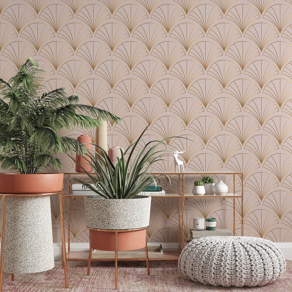 Fan Leaves Pattern Removable Wallpaper, Beige Nature Wall Cling, Geometric , Modern Art Deco Decor, Pretty Wall Mural Decal