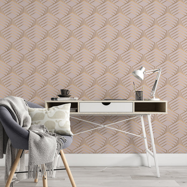 Beige Pattern Removable Wallpaper, Hexagon Shapes Wall Cling, Geometric , Modern Art Deco Decor, Pretty Wall Mural Decal