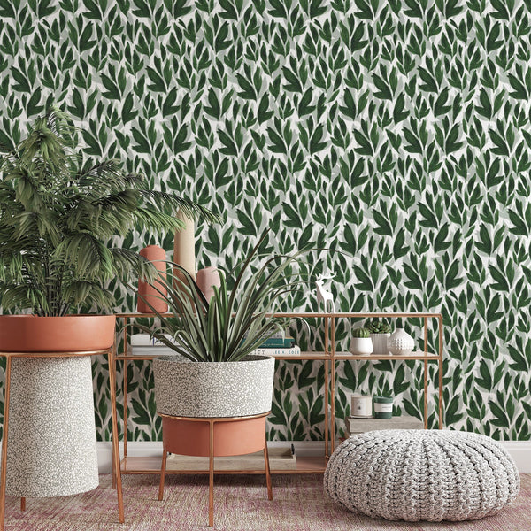 Green Leaf Pattern Removable Wallpaper, Pretty Nature Wall Cling, Modern Home Decor, Botanical , Plant Wall Mural Decal