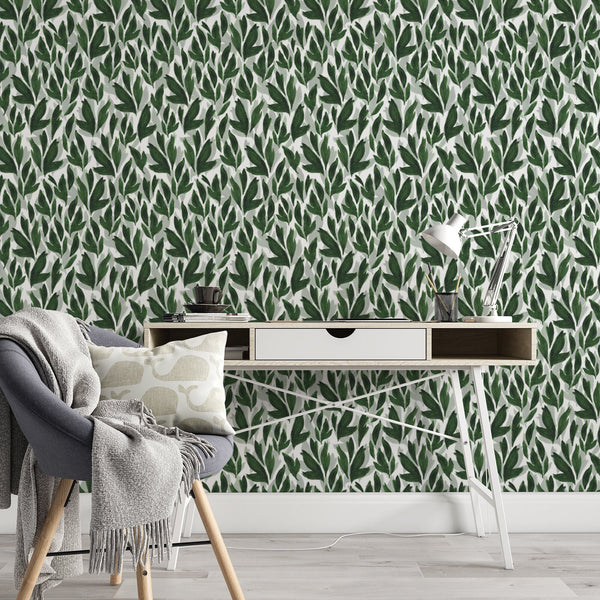 Green Leaf Pattern Removable Wallpaper, Pretty Nature Wall Cling, Modern Home Decor, Botanical , Plant Wall Mural Decal