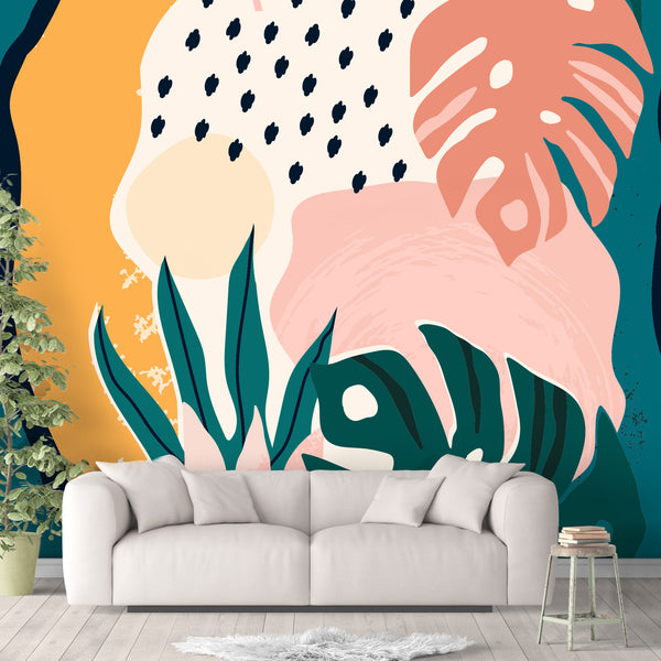 Banana Leaves Removable Wallpaper, Cool Boho Wall Cling, Nature , Pretty Botanical Wall Mural, Abstract Living Room Decor