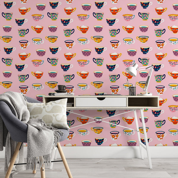 Tea Cup Removable Wallpaper, Cheerful Pattern Wall Cling, Contemporary , Cool Modern Kitchen Decor, Colorful Wall Mural Decal