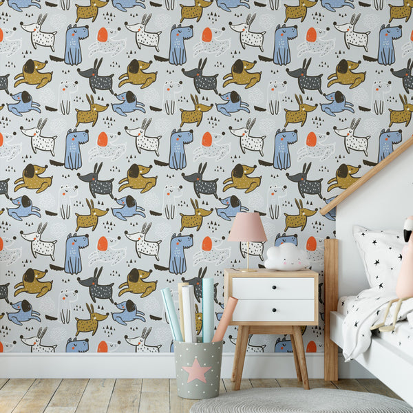 Cute Dogs Removable Wallpaper, Pooch Pattern Wall Cling, Animal , Kids Room Decor, Cool Canine Wall Decal, Puppy Wall Mural