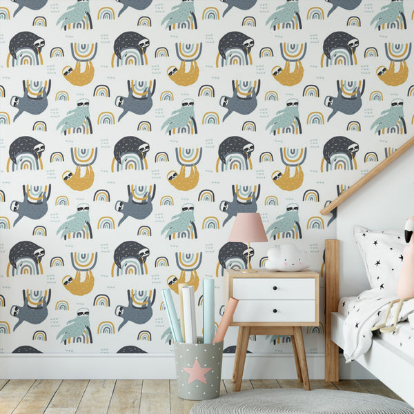 Sweet Sloths Removable Wallpaper, Cute Pattern Wall Cling, Silly Animal , Modern Kids Room Decor, Colorful Wall Mural Decal