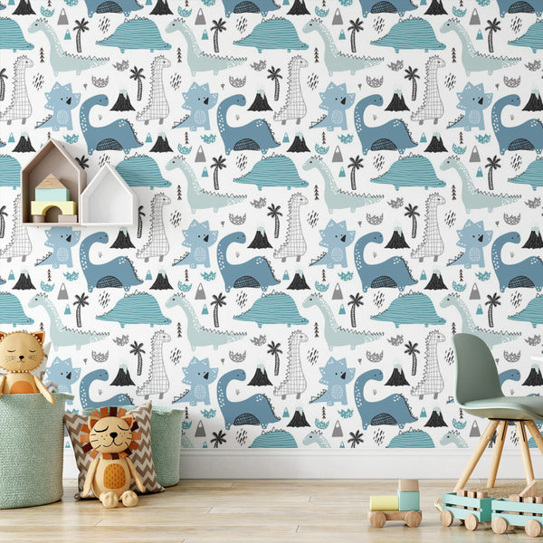 Cute Dinosaurs Removable Wallpaper, Silly Prehistoric Wall Cling, Playroom , Modern Kids Room Decor, Animal Wall Mural Decal