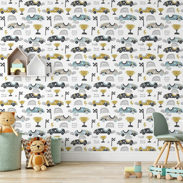 Toy Race Cars Removable Wallpaper, Speed Champion Wall Cling, Cool Kids Bedroom Decor, Playroom , Cute Pattern Wall Mural