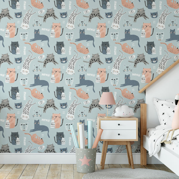 Colorful Cats Removable Wallpaper, Cute Kitty Wall Cling, Kids Room Decor, Feline , Modern Home Decor, Animal Wall Mural Decal