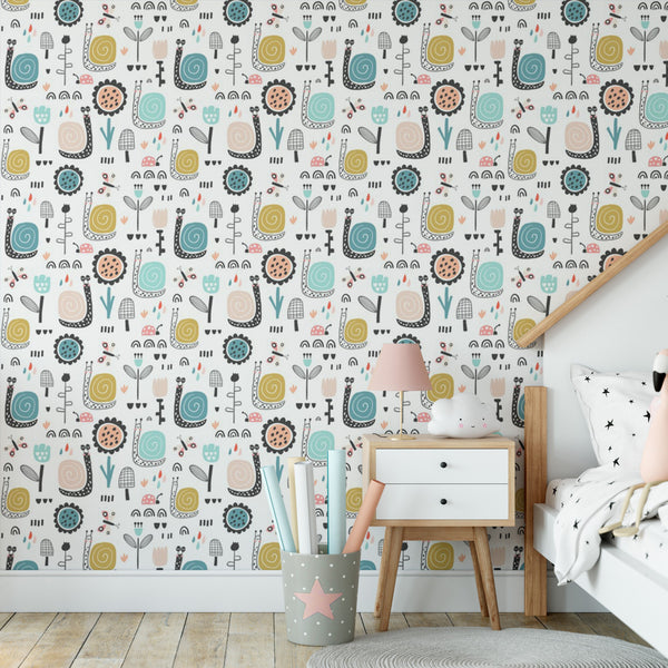 Snail Pattern Removable Wallpaper, Cute Animal Wall Decal, Modern Nature , Kids Room Decor, Botanical Bugs Wall Mural Cling