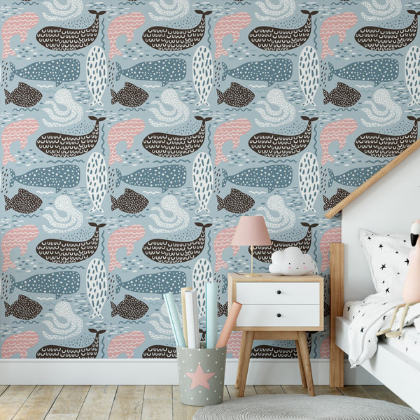 Whale Pattern Removable Wallpaper, Underwater Wall Cling, Nautical , Modern Beach Decor, Cute Ocean Creatures Wall Mural