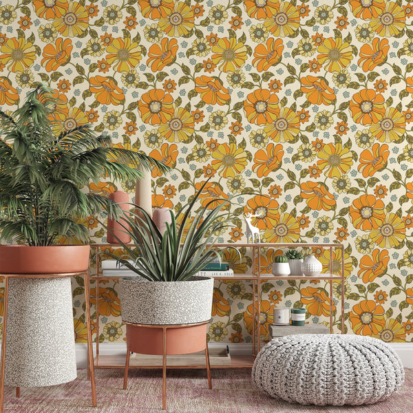 Floral Pattern Removable Wallpaper, Pretty Orange Flower Wall Cling, Botanical , Modern Home Decor, Cute Wall Mural Decal